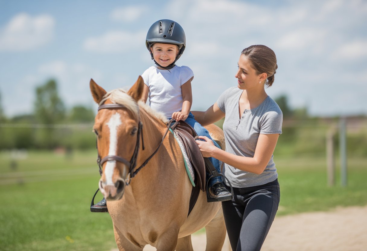 A child with cerebral palsy riding a horse outdoors, supported by a therapist walking alongside.