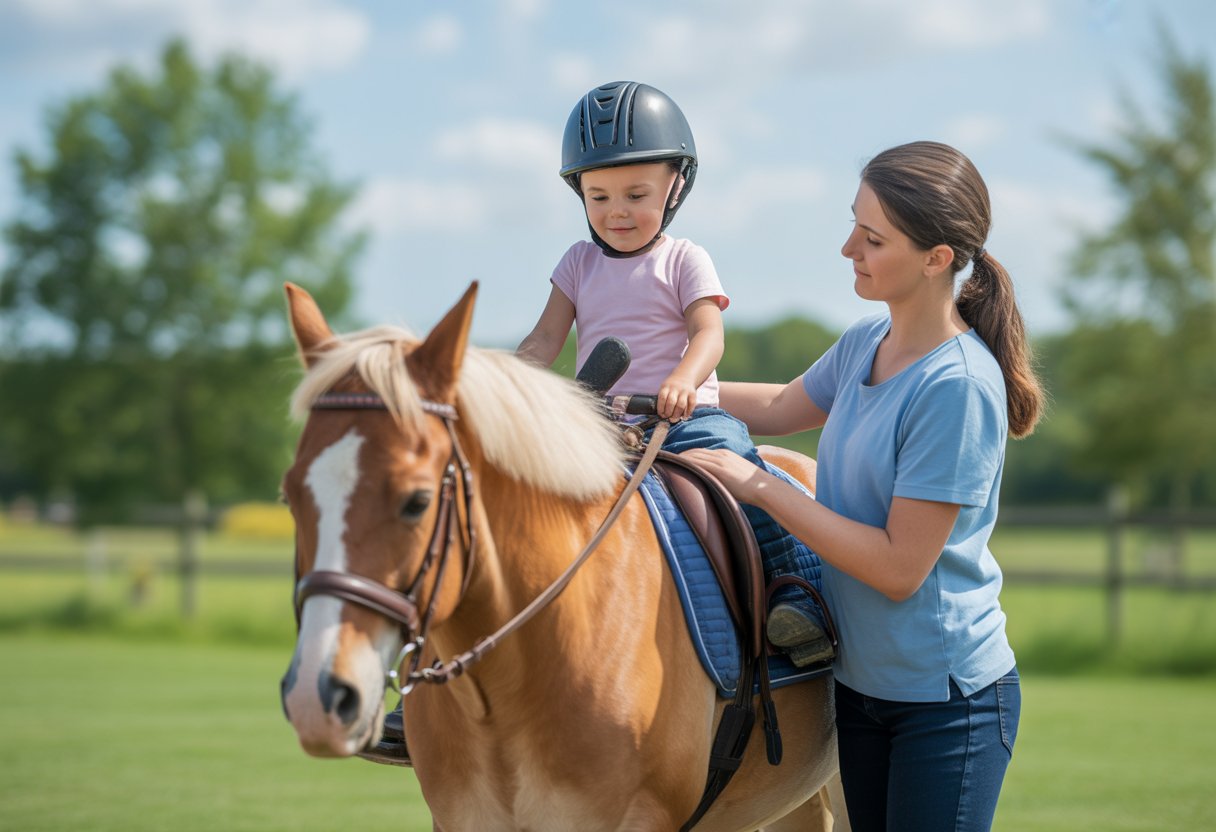 A child with cerebral palsy riding a horse during therapy, assisted by a therapist in an outdoor setting.