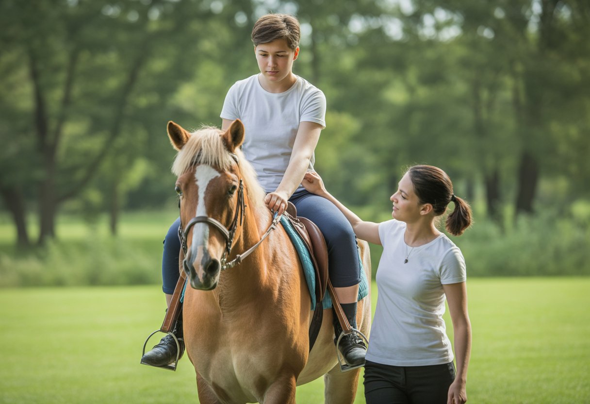 A young person with cerebral palsy riding a horse outdoors, supported by a therapist walking beside them.