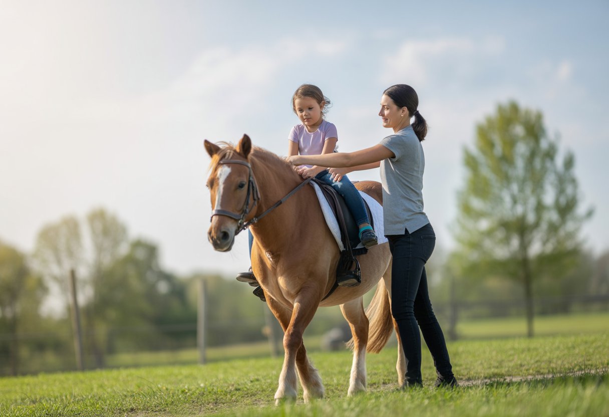 A young child with cerebral palsy riding a horse outdoors, supported by a therapist guiding the session.