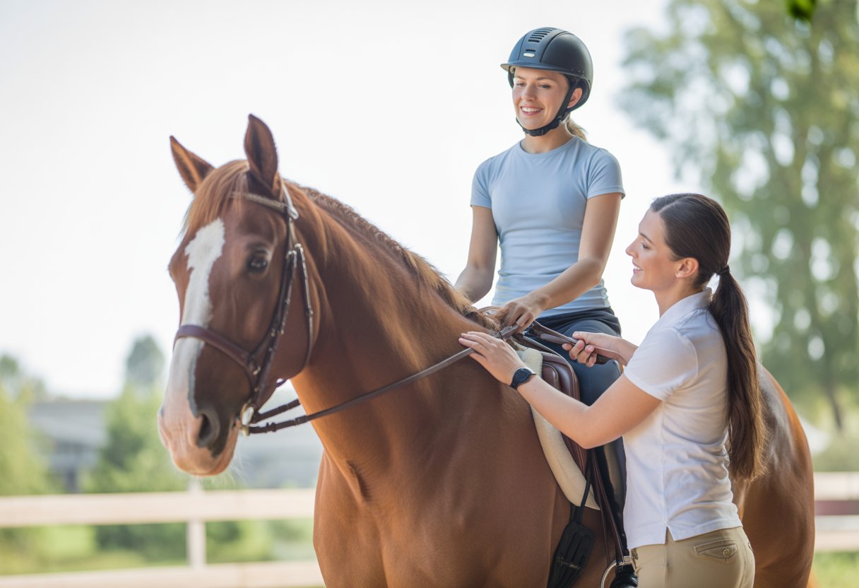 A person with cerebral palsy receiving hippotherapy on a horse outdoors, assisted by a therapist in a safe and supportive setting.