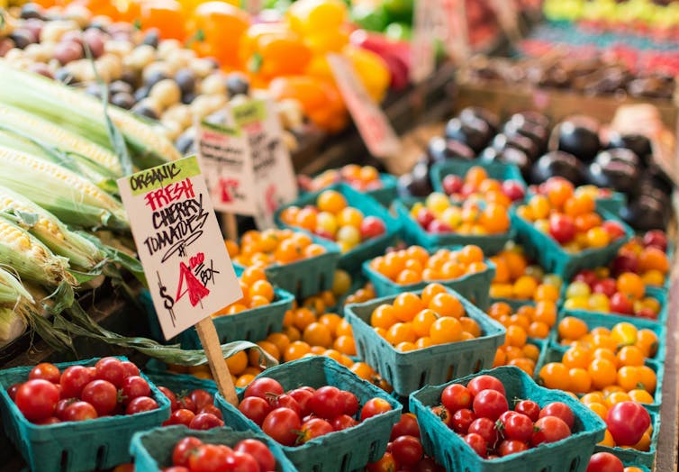 A farmer's market display with boxes of organic cherry tomatoes and ears of corn.