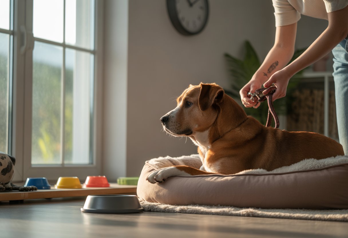 A dog resting peacefully on a bed near a window with morning light while a person gently interacts with it, surrounded by dog care items.