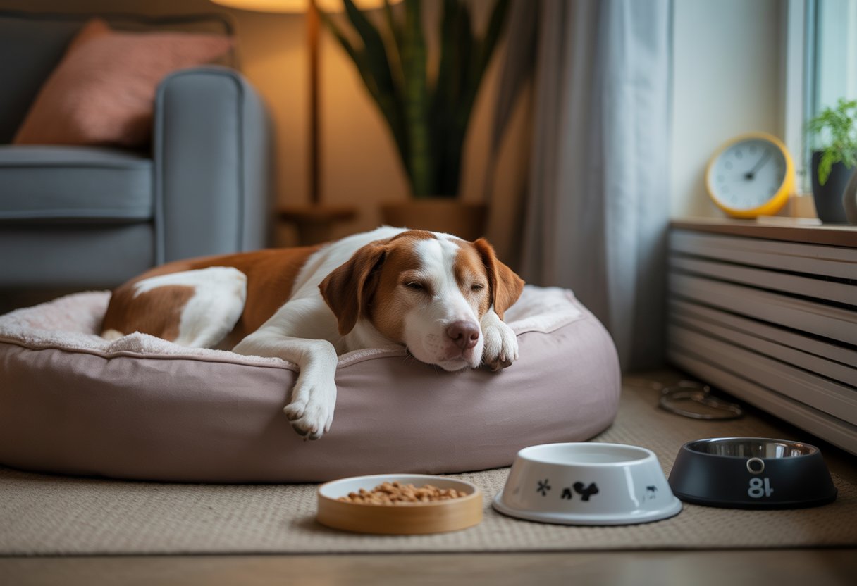 A dog resting peacefully on a soft bed near a window with natural light, surrounded by dog care items in a cozy home setting.