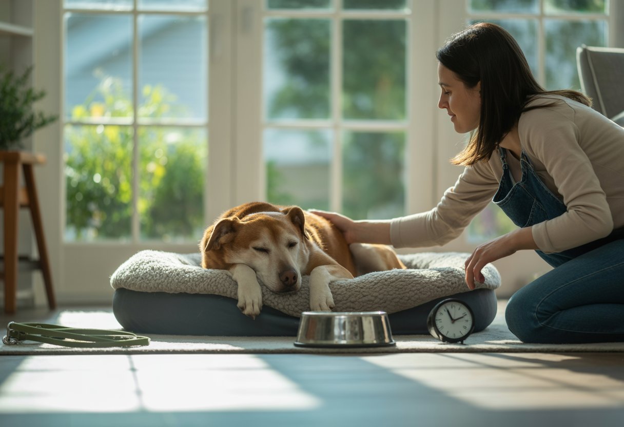 A dog resting on a bed in a sunlit living room while its owner gently interacts nearby.