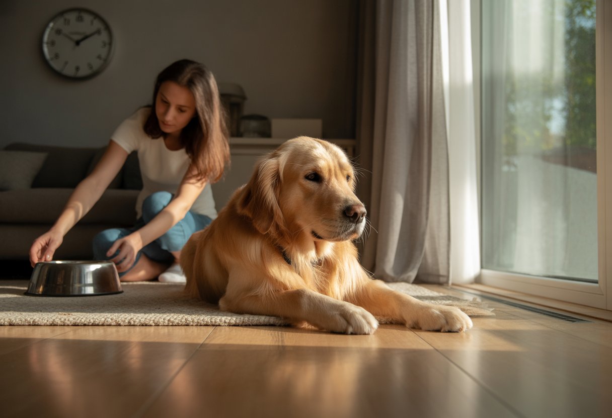 A golden retriever stretching on a rug in a sunlit living room while a person prepares its food bowl nearby.