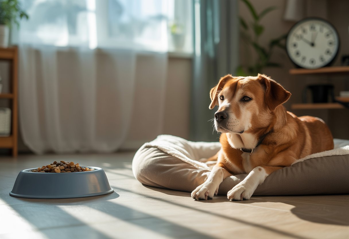 A calm dog resting on a bed in a sunlit room with a water bowl nearby, showing a peaceful home environment.