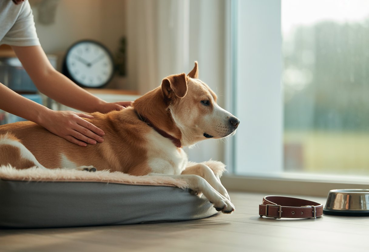 A dog resting on a cozy bed near a window with a person gently petting it in a calm living room.