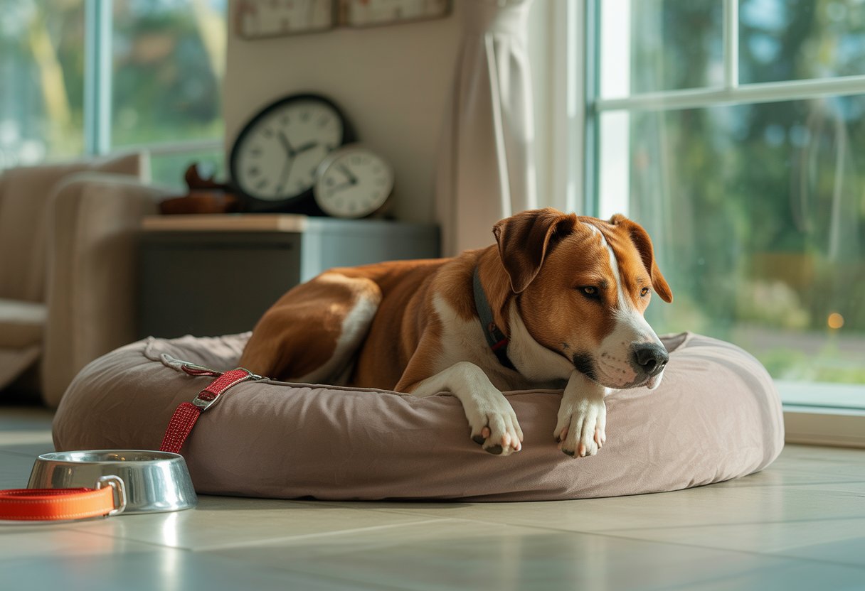 A dog resting peacefully on a soft bed near a window with natural light and dog care items nearby.