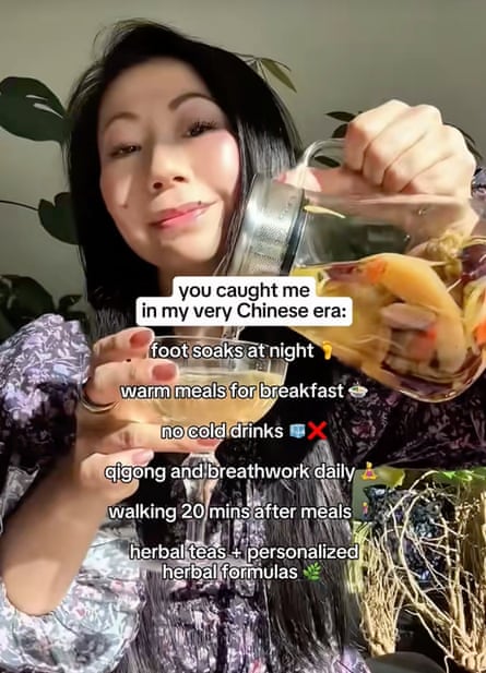 A woman pours a cup of tea with the caption ‘you caught me in my very Chinese era’