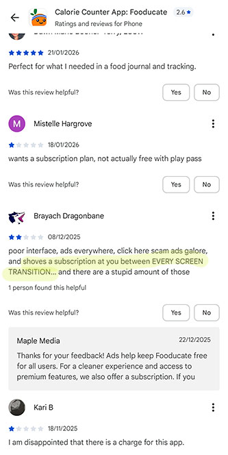 user reviews of fooducate app on google play