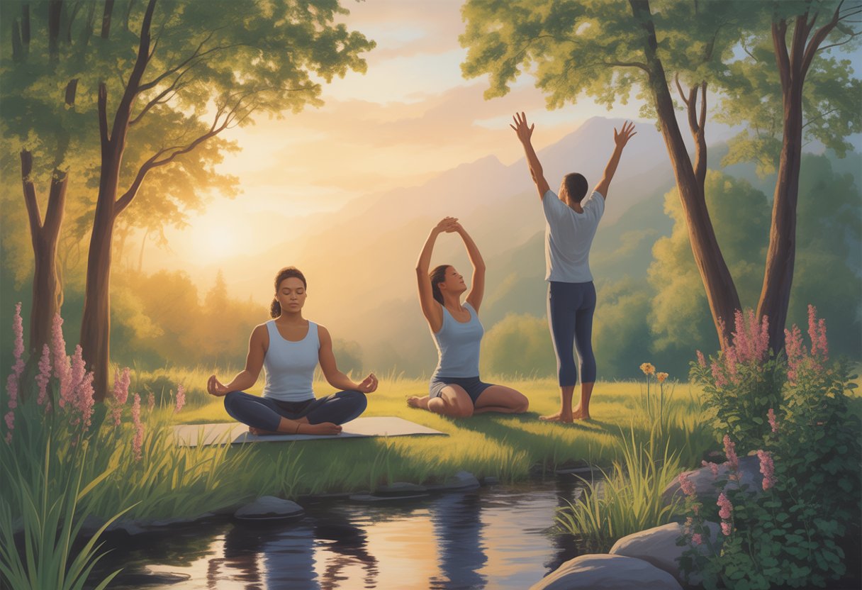 Three adults practicing meditation, stretching, and spiritual connection outdoors at sunrise surrounded by trees, flowers, and a flowing stream.