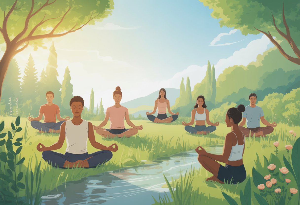 People practicing meditation and yoga outdoors in a peaceful natural setting with trees, flowers, and a river.