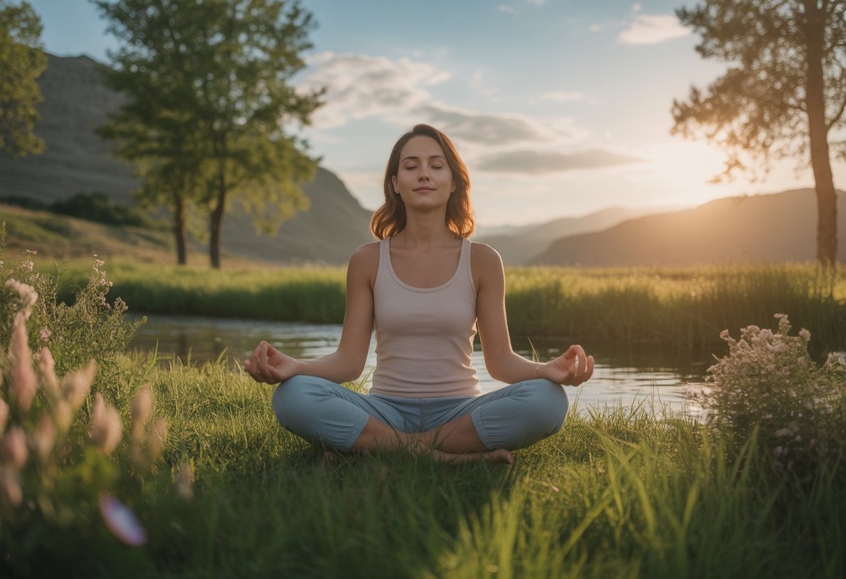 A woman meditating outdoors on green grass surrounded by trees, flowers, and a small stream under a clear sky.
