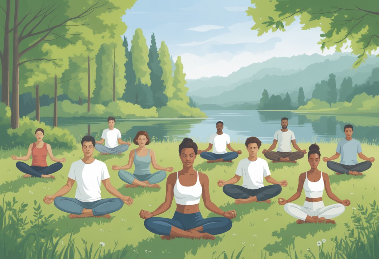 A group of people practicing yoga and meditation outdoors in a peaceful natural setting with trees and a lake.