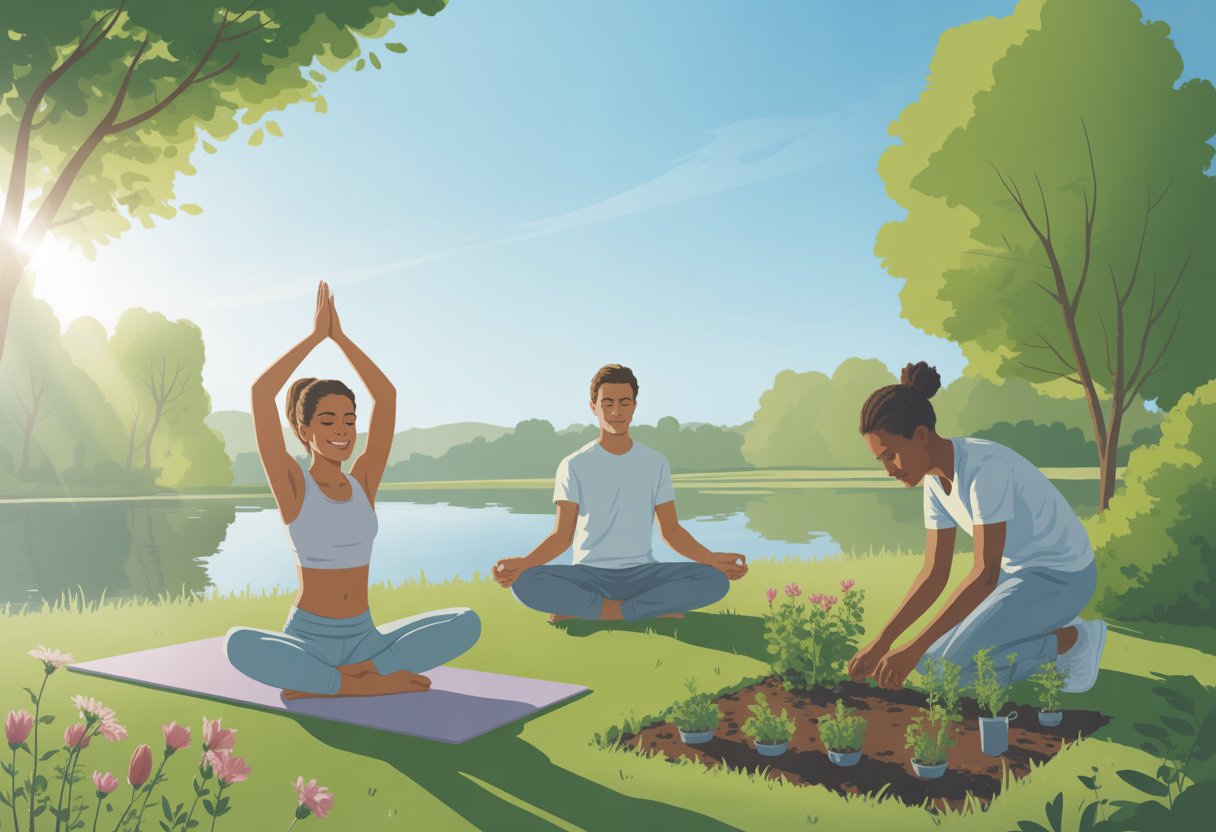 People practicing yoga, meditation, and gardening outdoors near a lake surrounded by trees and hills.