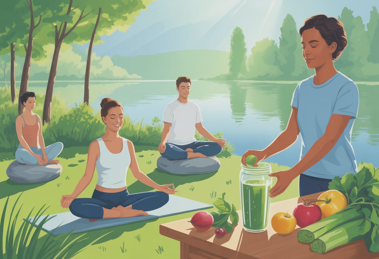 People practicing yoga, meditation, and preparing healthy food outdoors near a calm lake surrounded by trees.
