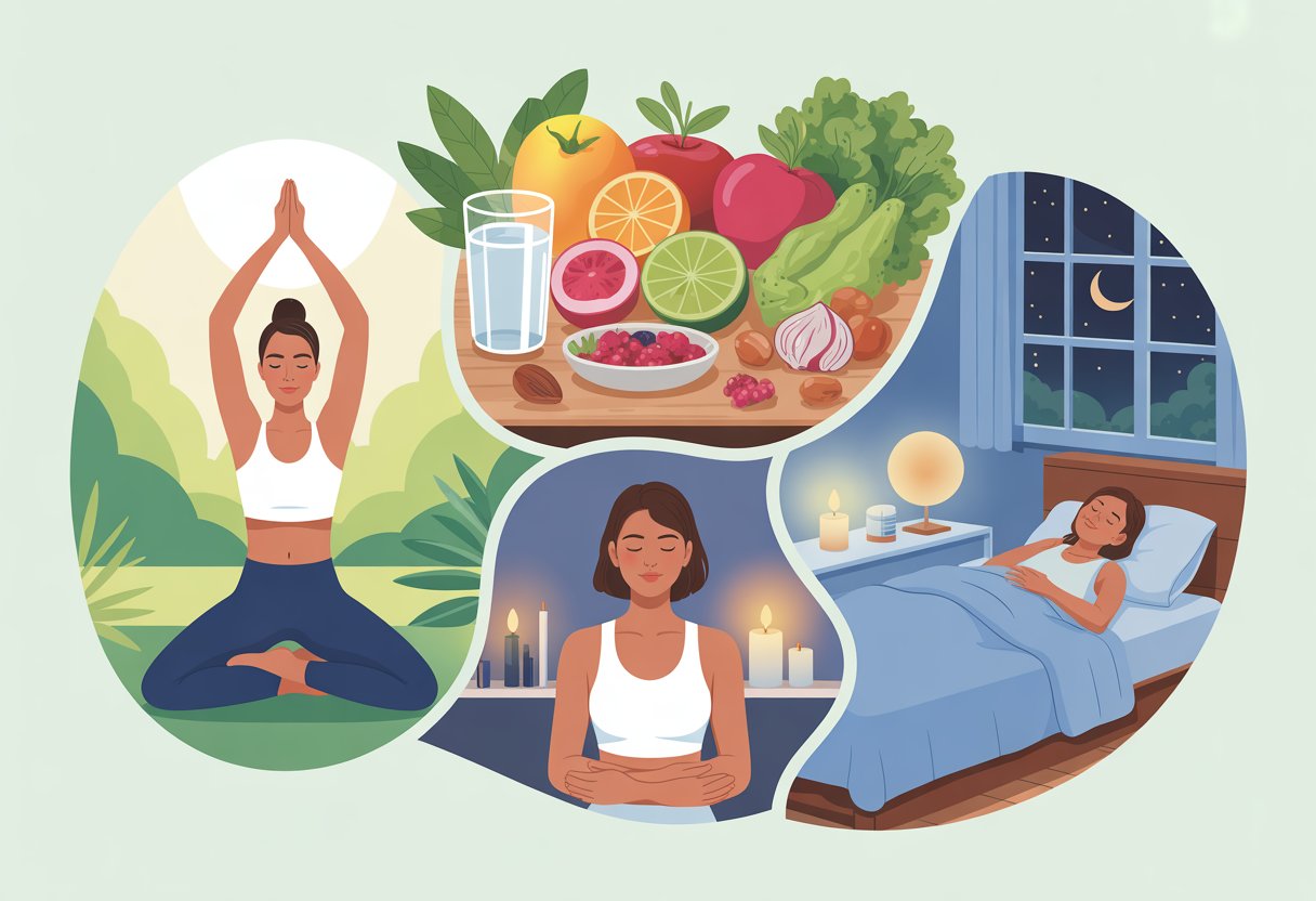 A person practicing yoga outdoors, fresh healthy foods on a table, someone meditating peacefully, and a person sleeping comfortably in a cozy bedroom.