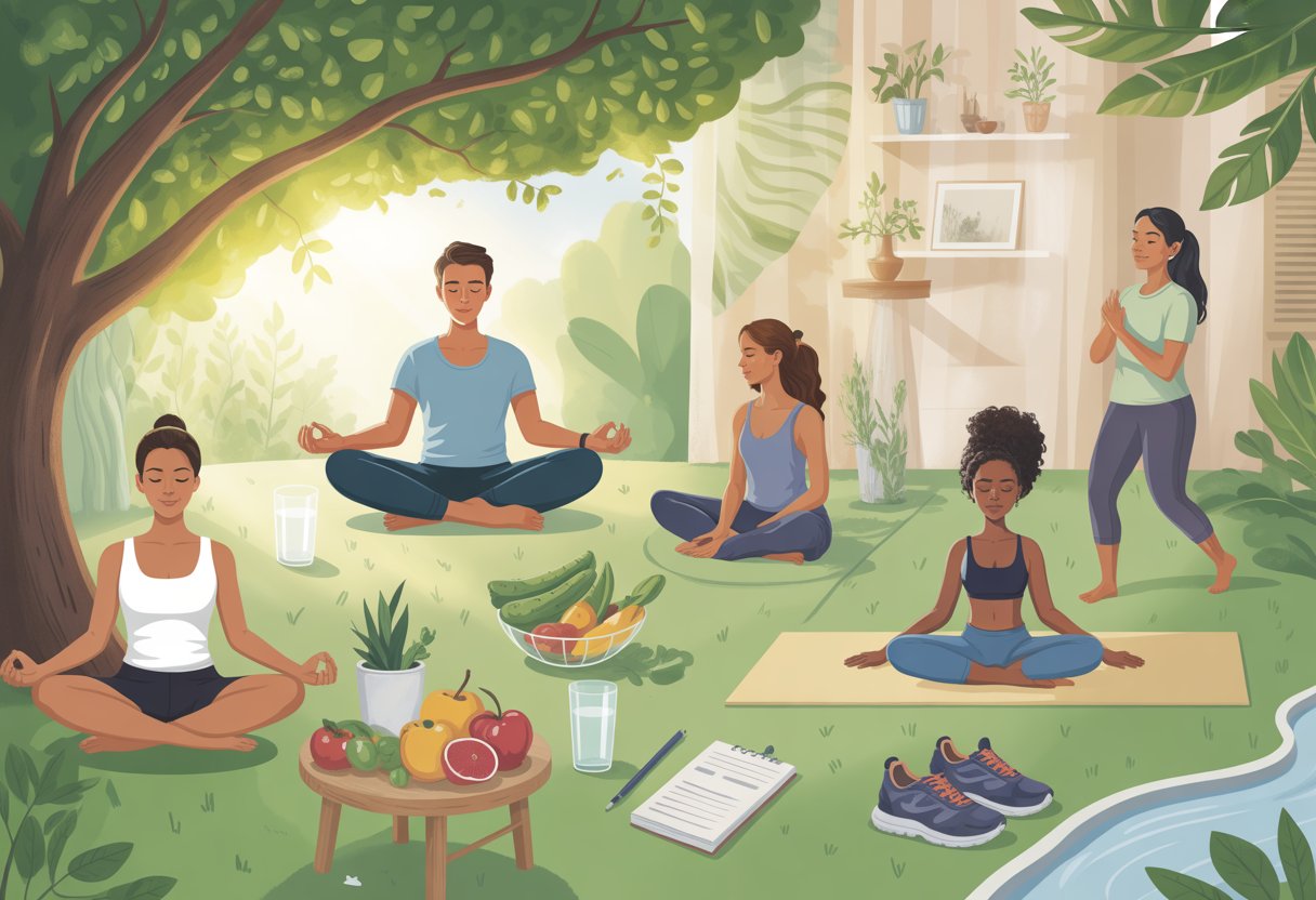 People practicing meditation, yoga, and healthy habits outdoors surrounded by natural elements symbolizing holistic wellness.