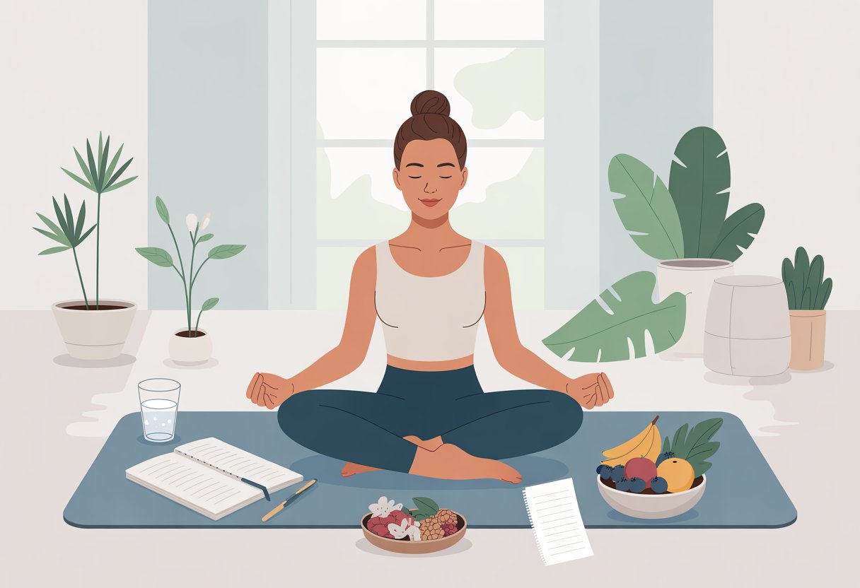 A person meditating on a yoga mat in a peaceful room surrounded by plants, a journal, a glass of water, and healthy snacks.