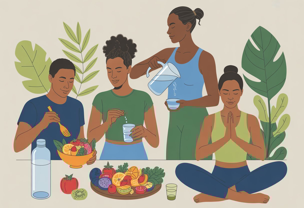 People preparing healthy food, drinking water, and practicing mindfulness surrounded by plants and wellness elements.