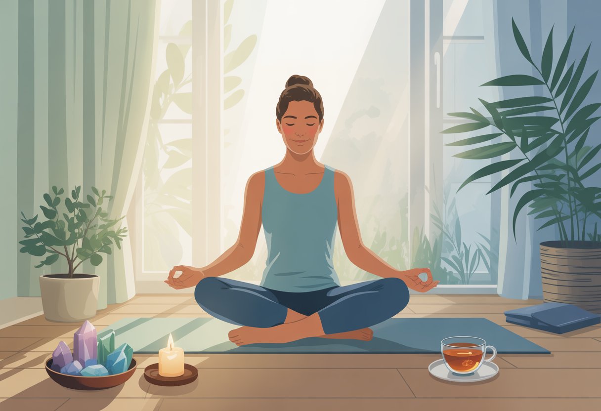 A person sitting cross-legged on a yoga mat in a peaceful room with plants, a candle, and a cup of tea, with sunlight coming through a window.