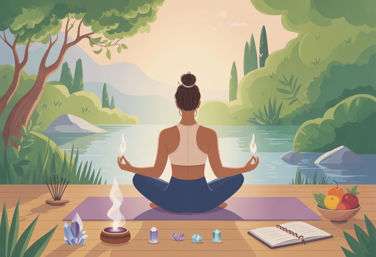 A person sitting cross-legged outdoors surrounded by nature, practicing a holistic wellness routine with calming natural elements around them.