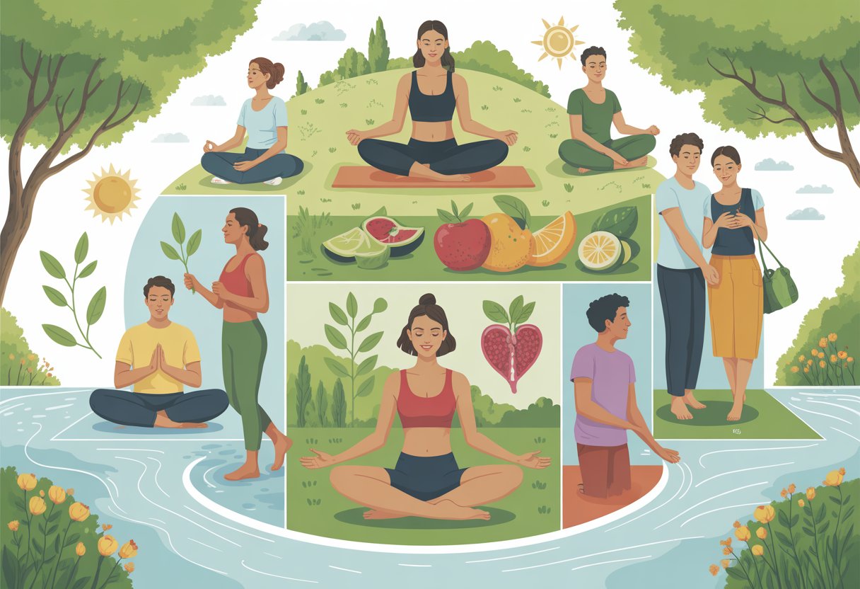People practicing yoga, meditation, healthy eating, and socializing outdoors in a peaceful natural setting with trees and water.