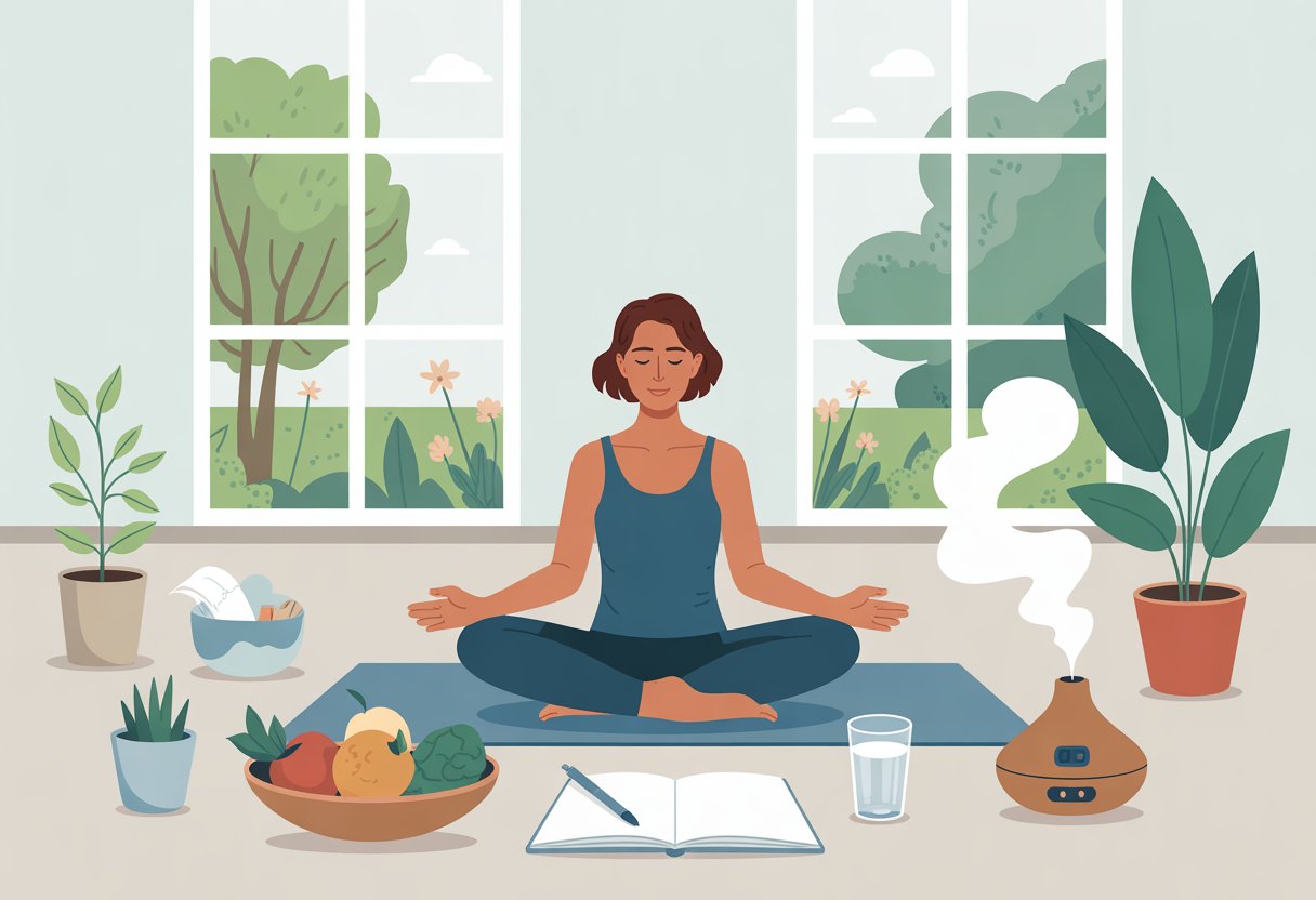 A person sitting cross-legged on a yoga mat in a bright room with plants, fresh fruit, water, a journal, and a diffuser, with a garden visible through large windows.