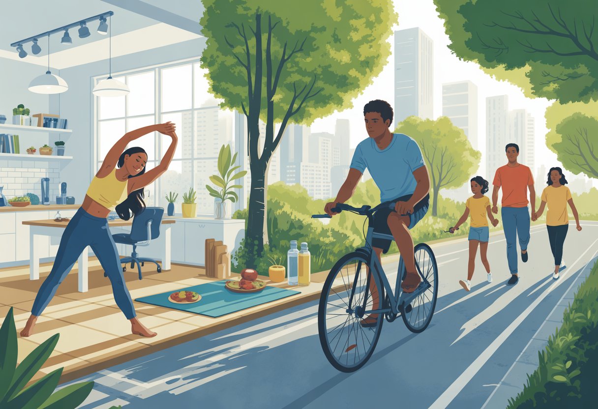 People engaging in physical activities like stretching at a desk, cycling, and walking in a park, surrounded by elements symbolizing healthy living.