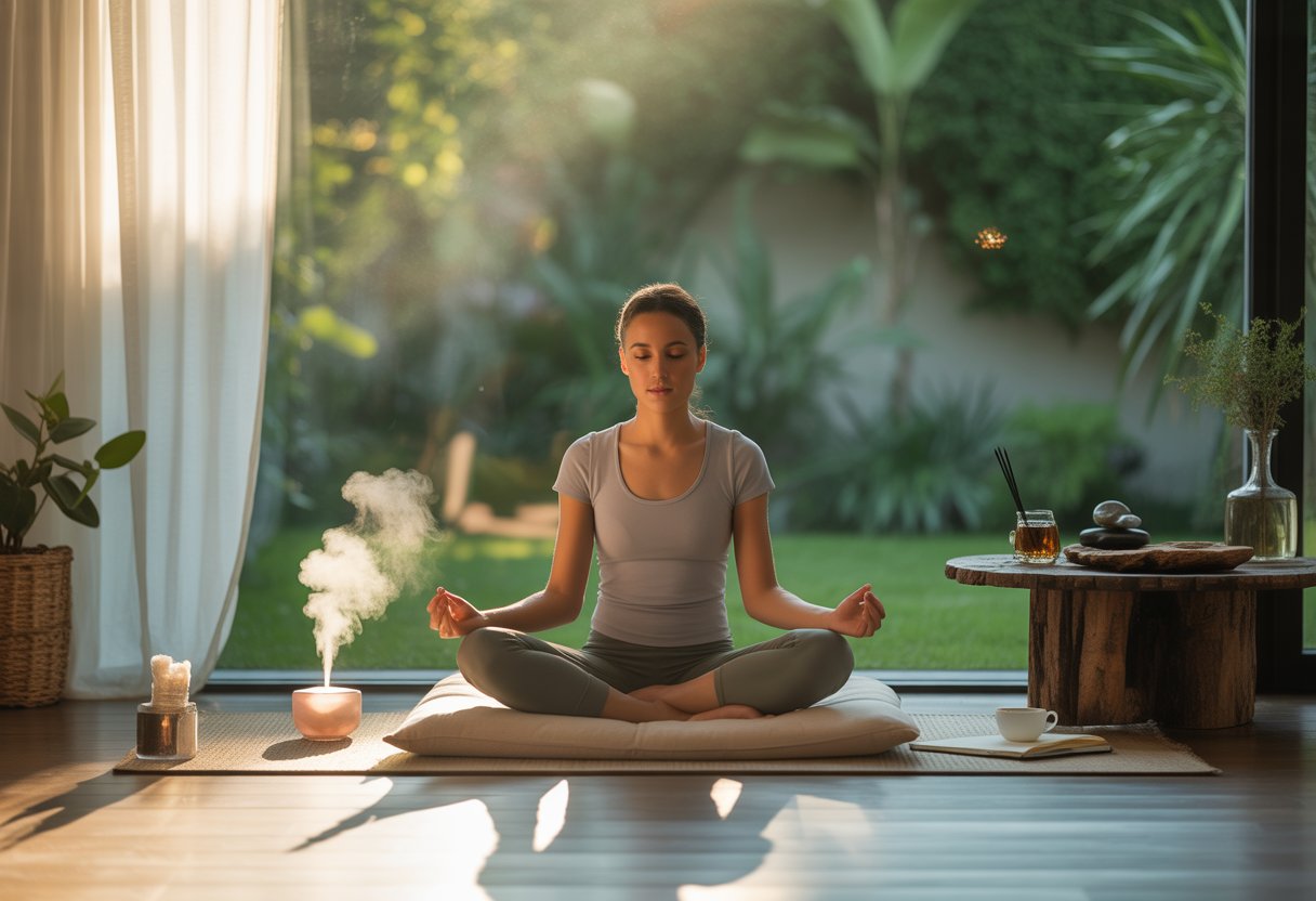 A person sitting peacefully indoors near a window overlooking a garden, surrounded by plants, a cup of tea, and calming natural objects.