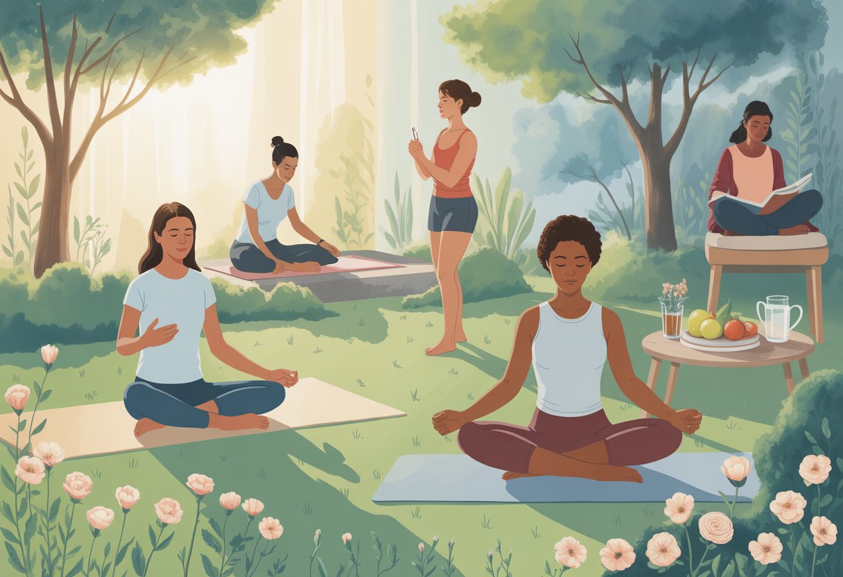 People practicing meditation, yoga, and reflection outdoors in a peaceful natural setting surrounded by trees and flowers with healthy foods nearby.
