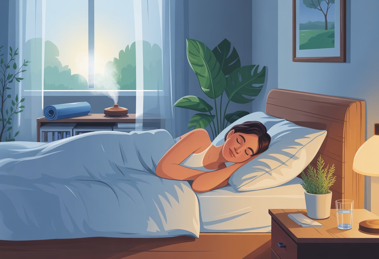 A peaceful bedroom with a person sleeping on a bed surrounded by calming elements like a plant, lamp, and yoga mat.