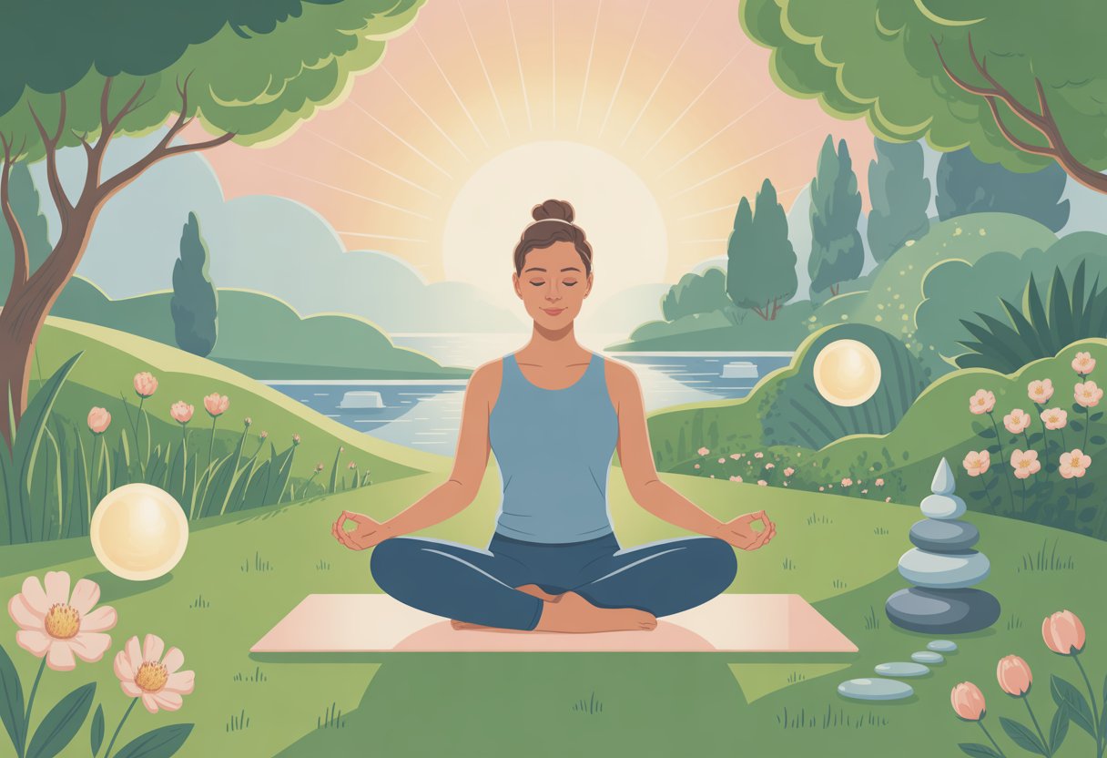 A person meditating peacefully in a garden at sunrise surrounded by nature and symbols of holistic health.