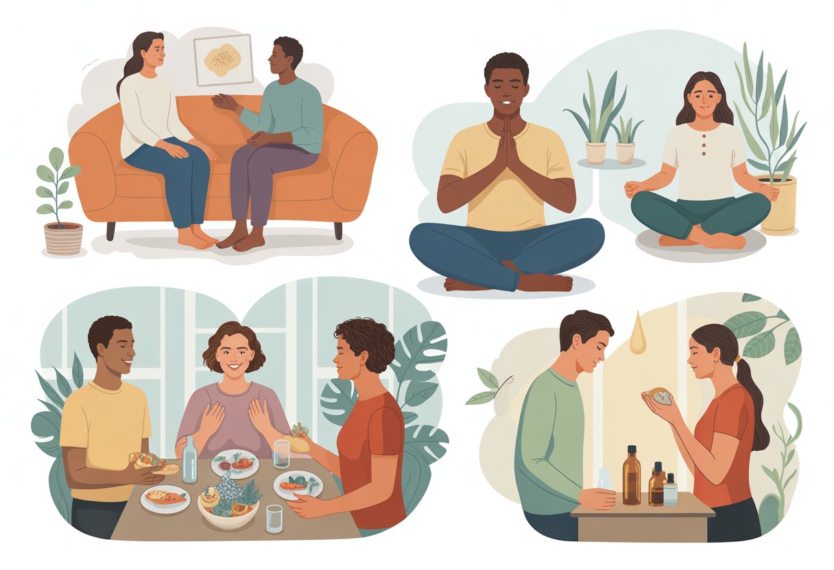 A group of people engaging in activities that promote social connection and holistic health, including conversation, meditation, and sharing healthy food in a warm and inviting setting.