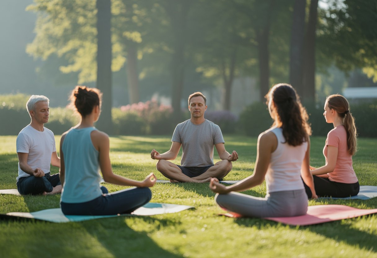 A group of adults meditating peacefully outdoors in a green park surrounded by trees and soft sunlight.