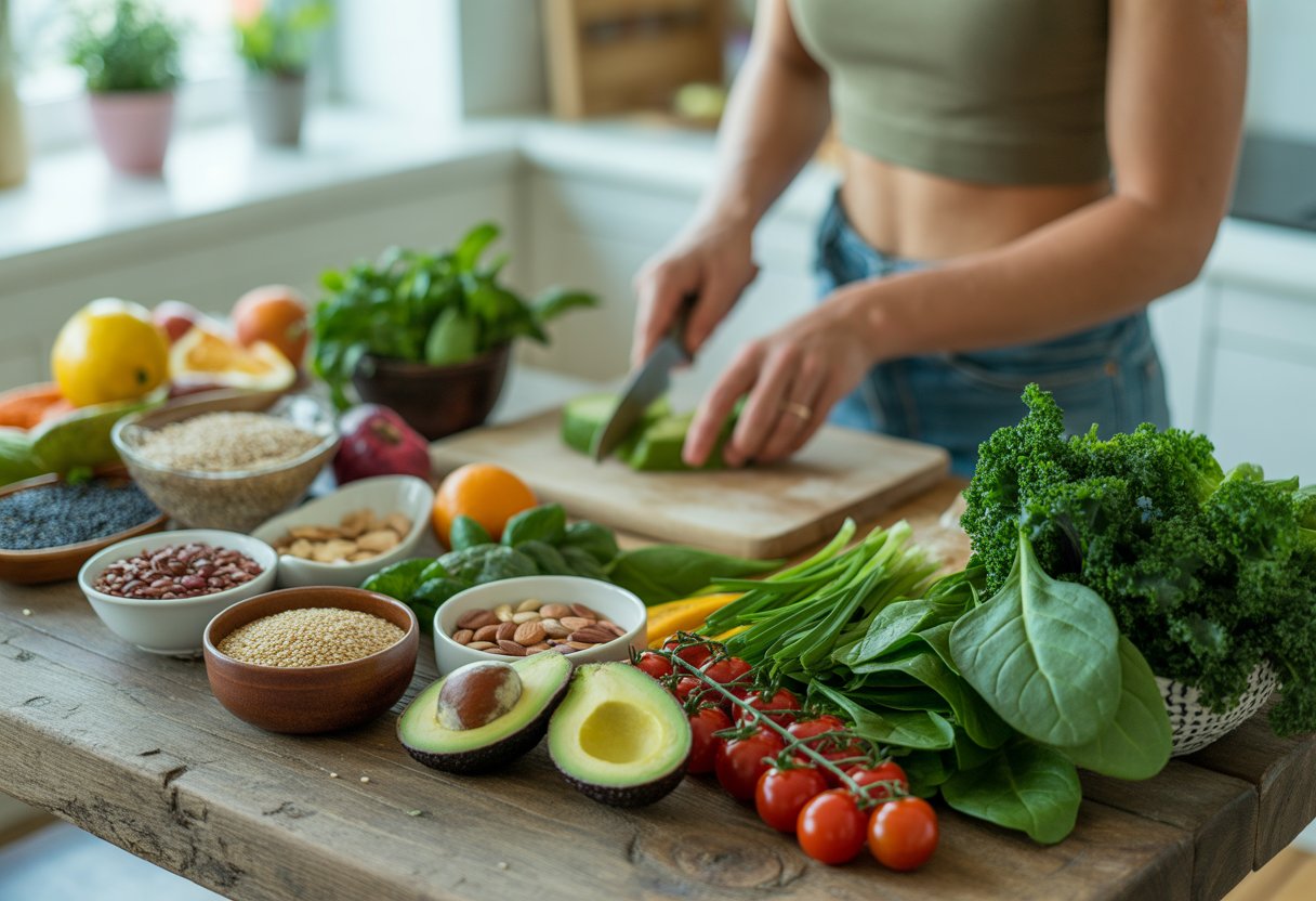 A person preparing a meal with fresh colorful plant-based foods on a wooden table in a bright kitchen.