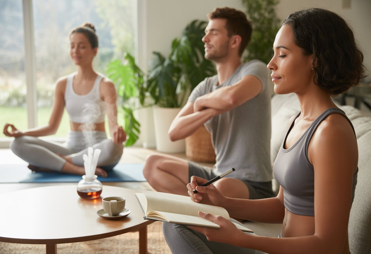 Three adults practicing meditation, stretching, and journaling in a bright living room without any electronic devices.