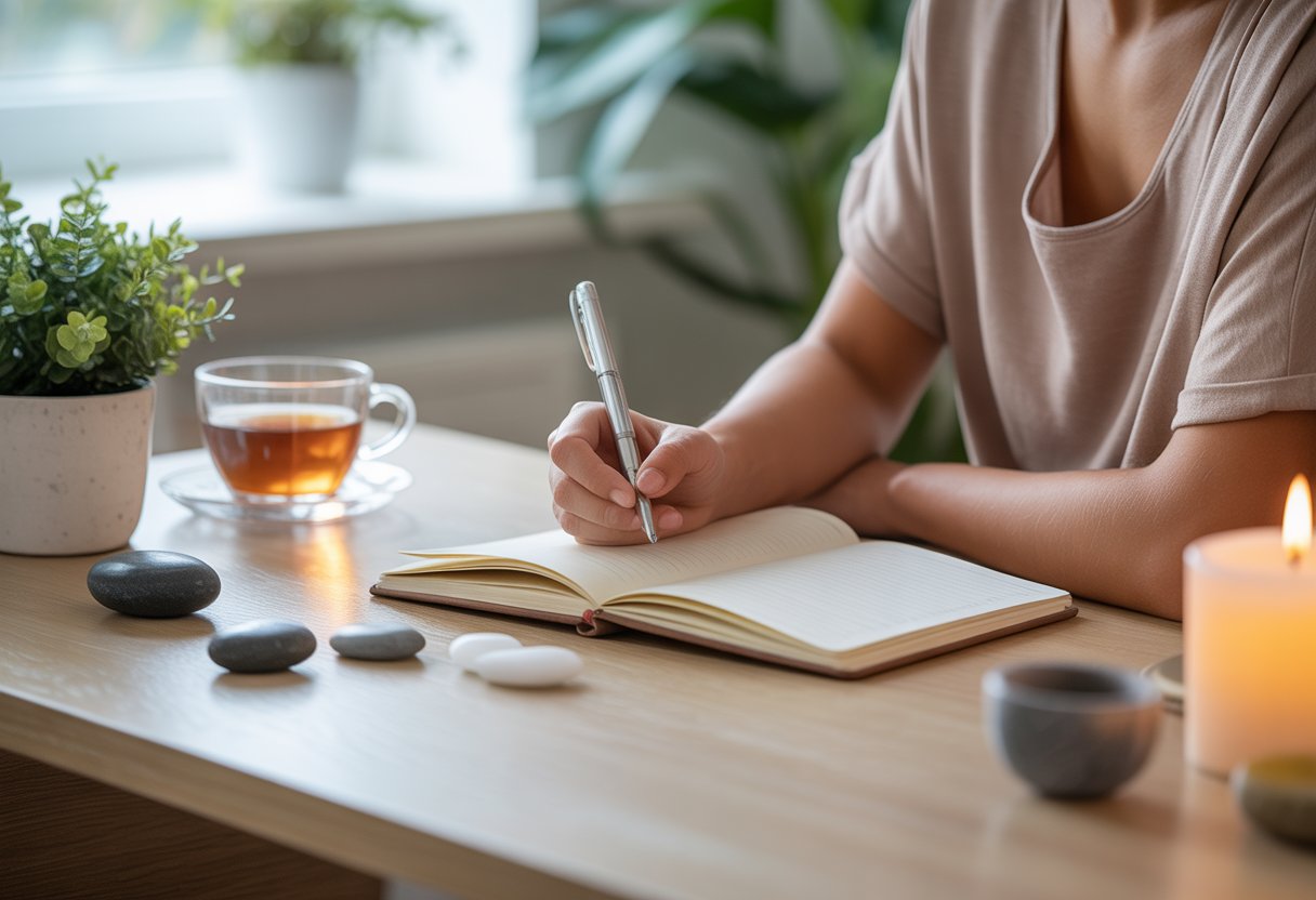 A person writing in a journal at a wooden desk surrounded by a plant, tea, meditation stones, and a lit candle.