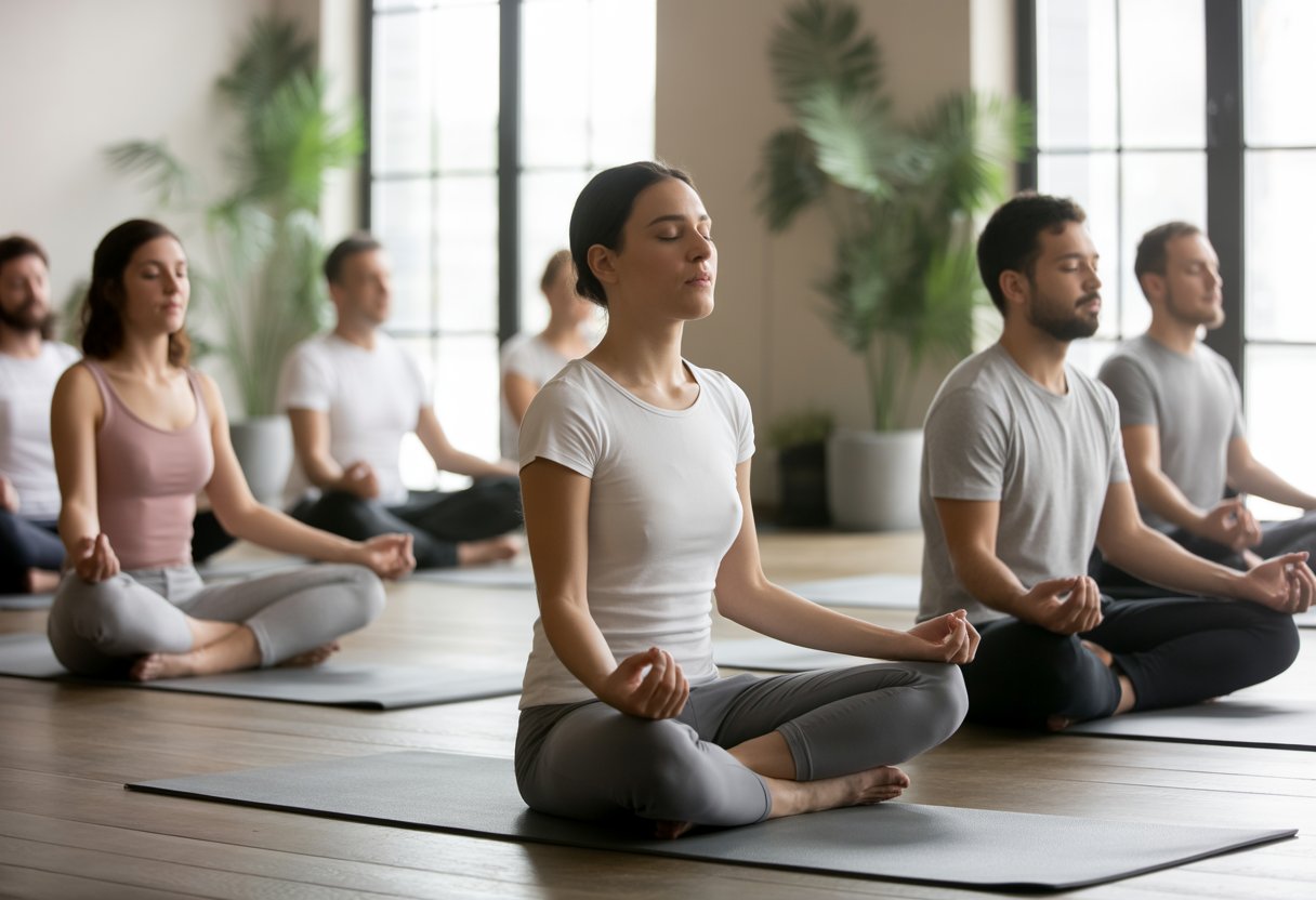 A group of adults sitting on yoga mats in a bright room practicing deep breathing exercises with eyes closed.