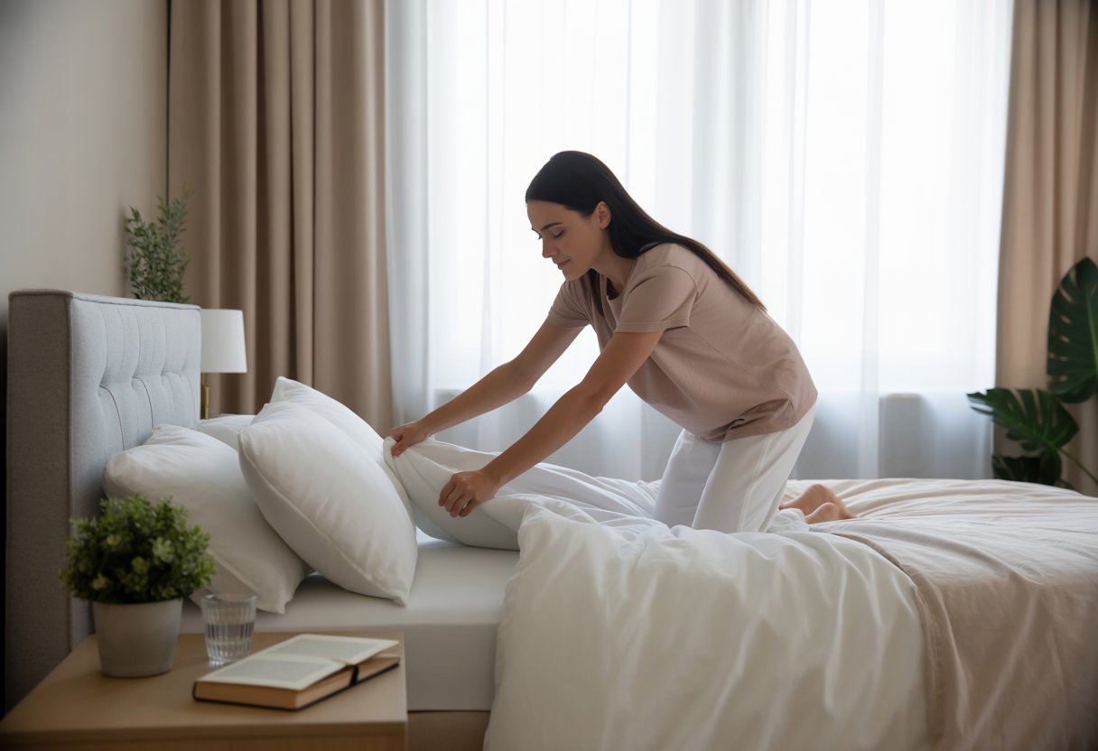 A woman making her bed in a softly lit bedroom with a plant and book on the bedside table.