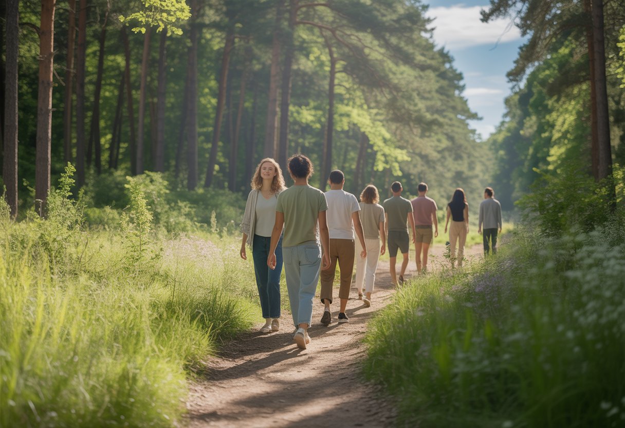 People walking peacefully on a forest trail surrounded by tall trees and greenery under soft sunlight.
