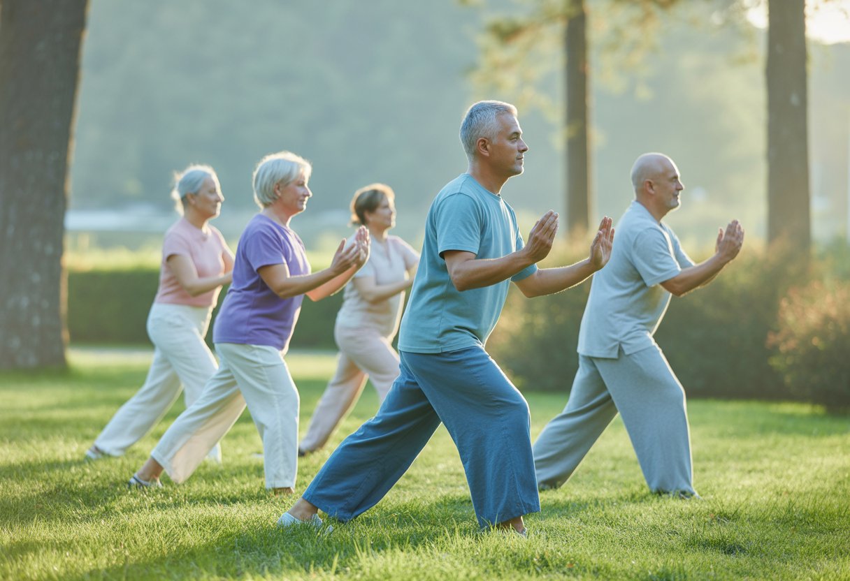 A group of adults practicing Tai Chi with slow, flowing movements in a green park surrounded by trees during morning light.