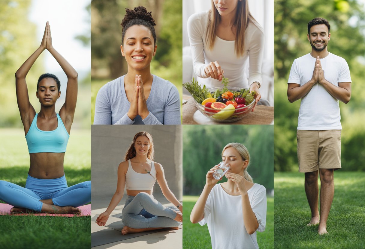 Five people outdoors practicing yoga, meditation, preparing healthy food, drinking water, and walking barefoot on grass.