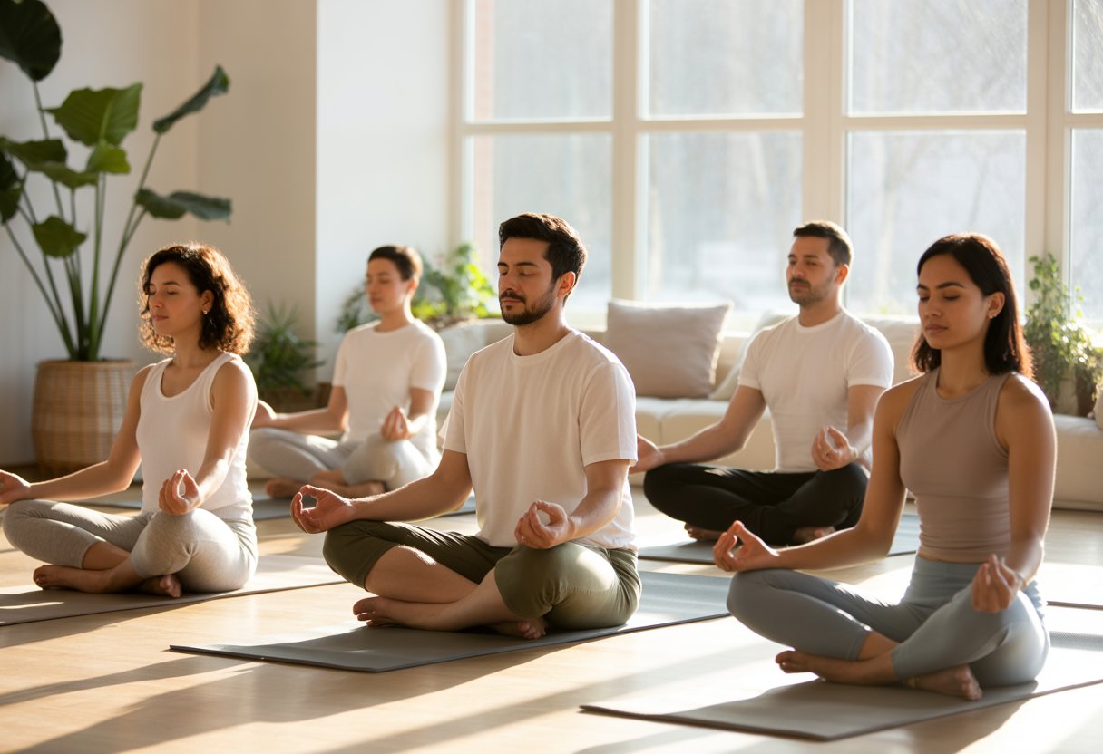 A group of adults meditating peacefully in a bright room with natural light and plants.