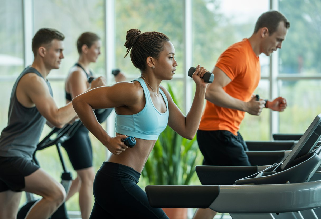 A group of adults exercising with cardio machines and free weights in a bright gym.