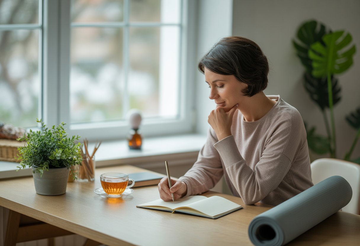 Person journaling at a wooden desk near a window with natural light, surrounded by plants, tea, and holistic health items.