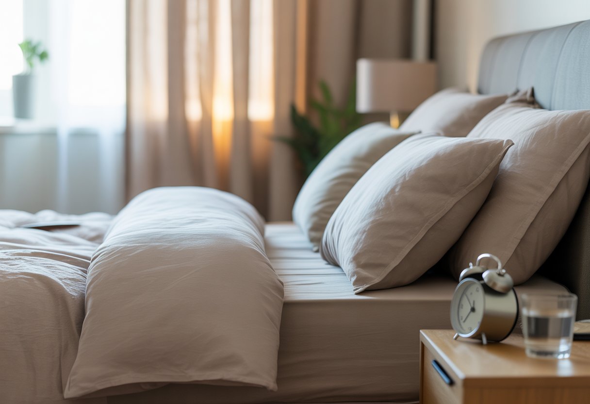 A peaceful bedroom with a neatly made bed, soft natural light, and calming decor promoting restful sleep.