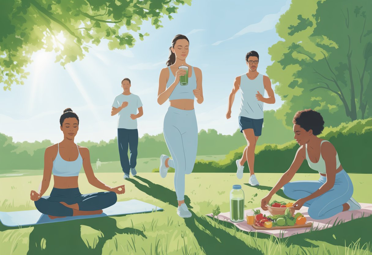 People practicing meditation, exercising, and eating healthy foods outdoors in a sunny park.