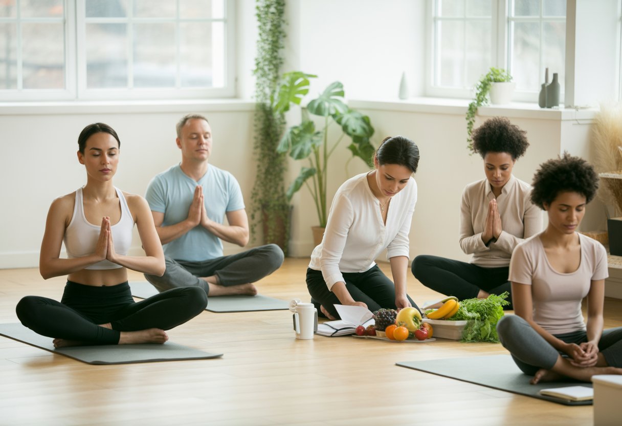 A diverse group of people practicing yoga, meditating, receiving nutrition advice, and journaling in a bright wellness studio.
